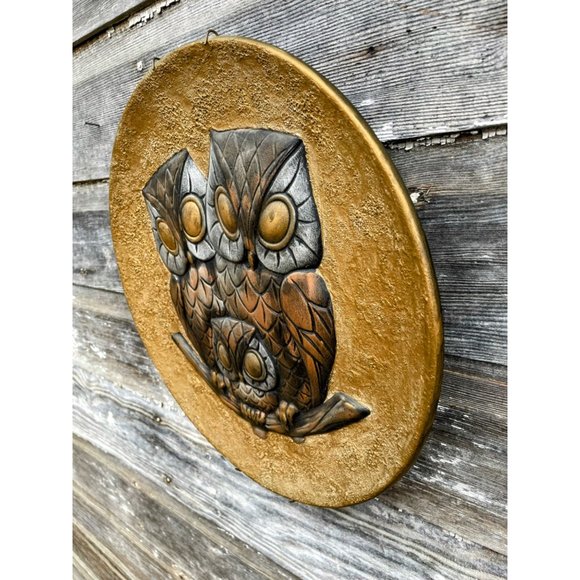 Vintage MCM Decor Hanging Plate/Plaque Owls Gold Brown - Picture 2 of 11